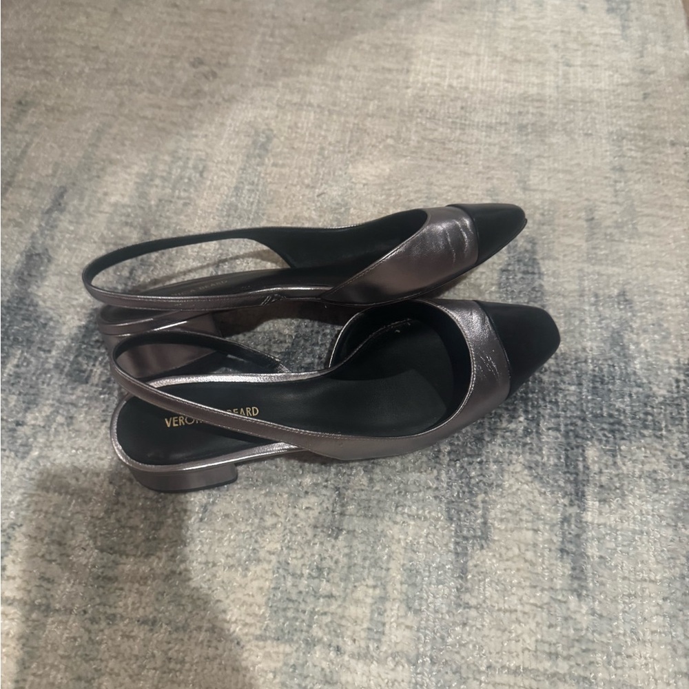 Veronica Beard Metallic Pewter Slingback Flats with Black Toe Cap